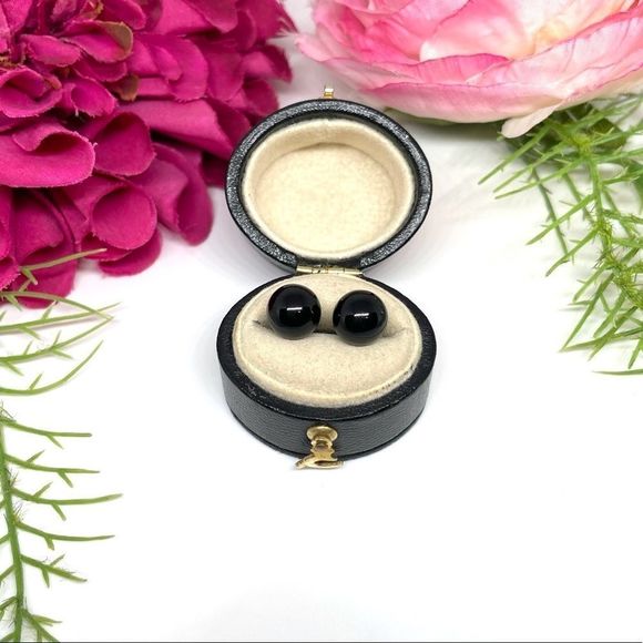 VINTAGE⚜️14K GOLD ONYX Polished 8MM Gemstone Orb Stud Earrings - Picture 1 of 13